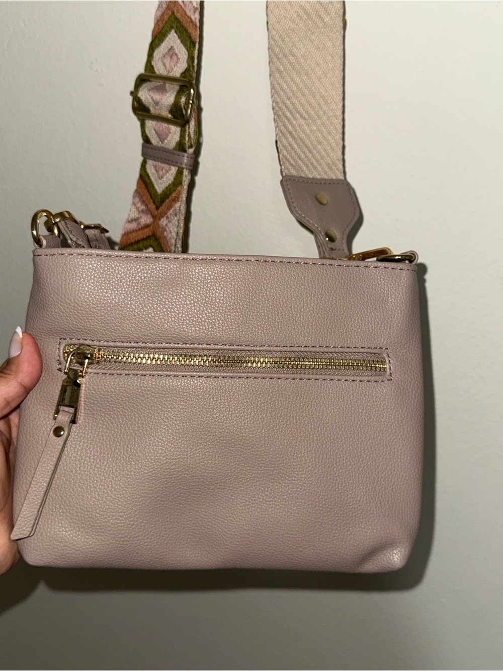Miztique Dusty Taupe Pebbled Leather Crossbody with Patterned Strap